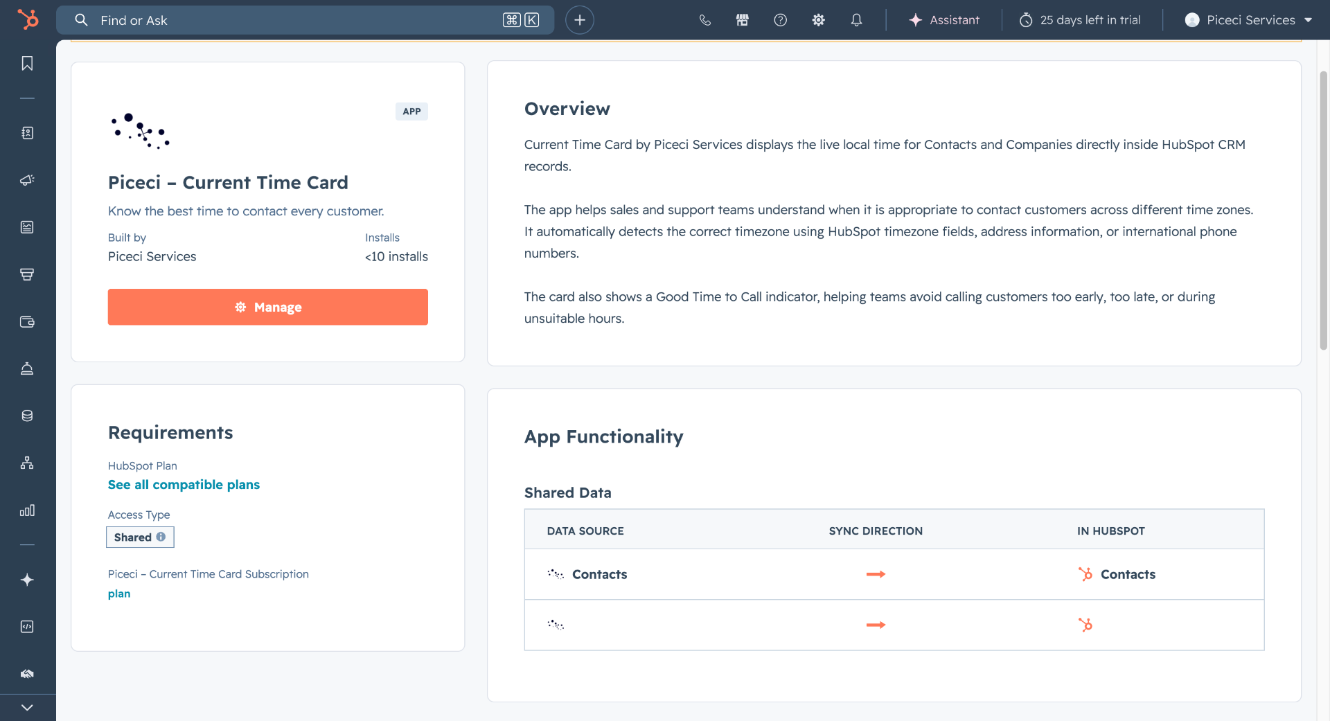 The Piceci — Current Time Card app inside HubSpot. Managed like any other native app.