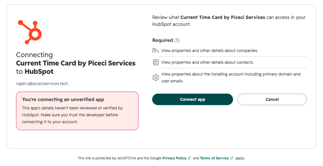 Schermata HubSpot di selezione account e approvazione permessi per Current Time Card di Piceci Services