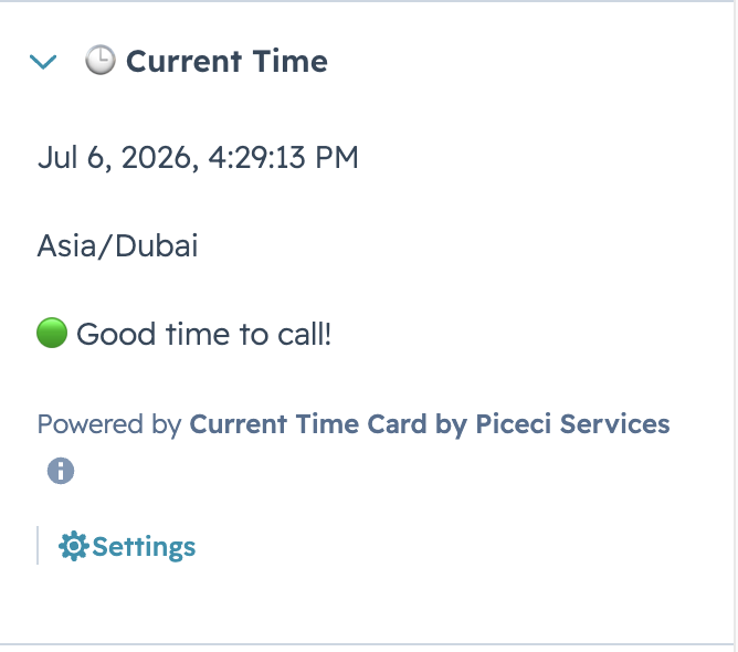The Current Time card on Contact and Company records — live clock, timezone, Good time to call indicator.