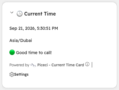 La card Current Time su record Contatto e Azienda — orologio live, fuso orario e indicatore 'Good time to call'.
