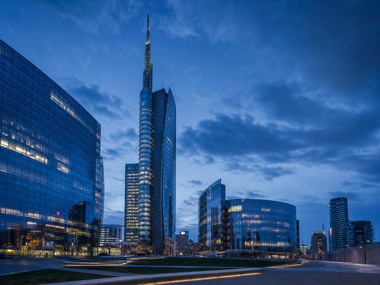 Milan Porta Nuova business district skyline at dusk