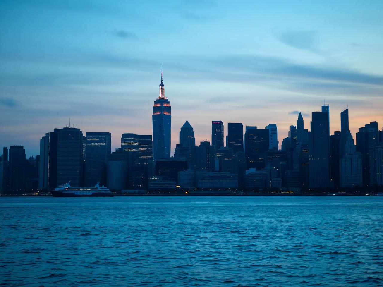 New York City skyline at dusk seen across the water